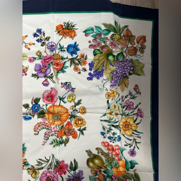 Mantero Silk Navy Trim Colorful Floral Square Scarf Made in Italy - Picture 6 of 17